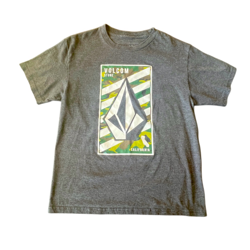 Volcom Gray XL Kids Youth Army Camouflage Logo California Short Sleeve Tee Shirt